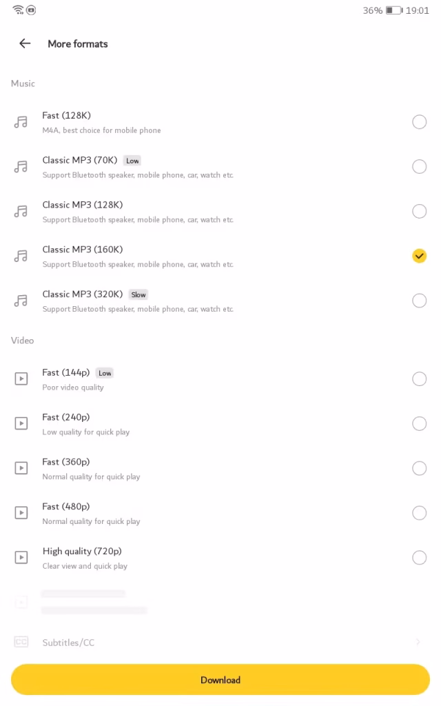 Control download Quality of Video at Snaptube