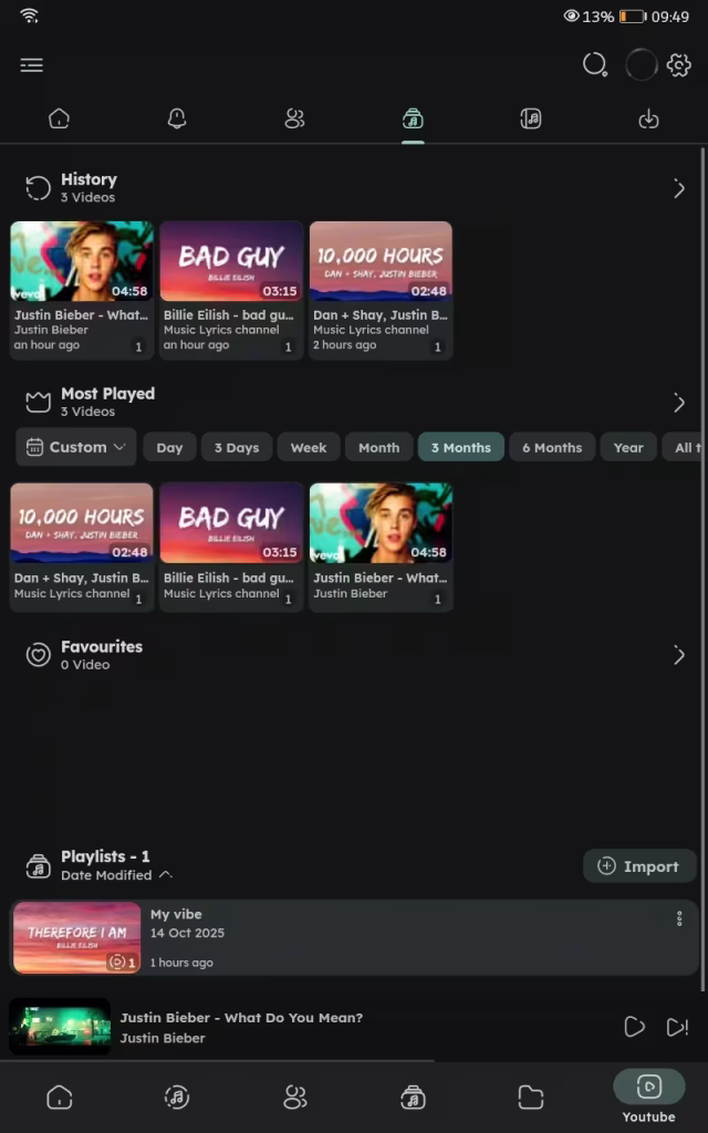 Integrated You tube history and Playlists